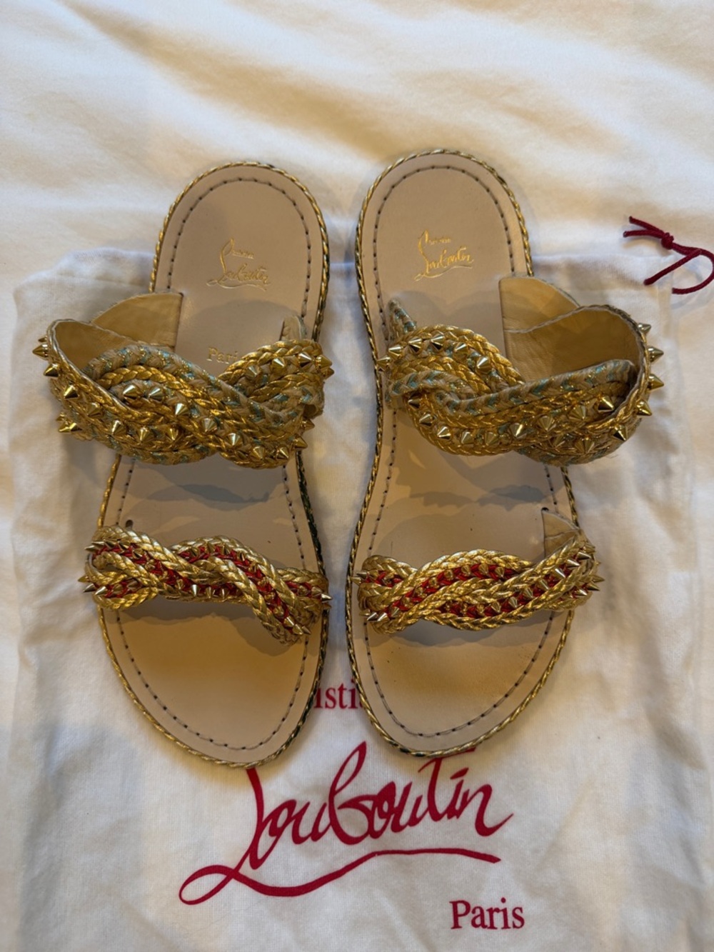 Christian Louboutin Metallic Gold Braided Stud Slide Sandals